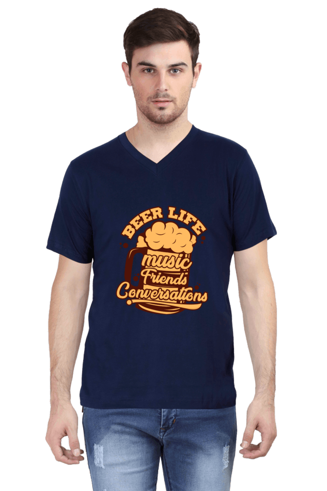 Navy Blue Men's V-Neck Beer Conversation T-shirt